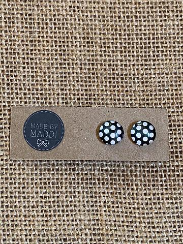 12mm Black and White Polka Dot Glass Earring Studs